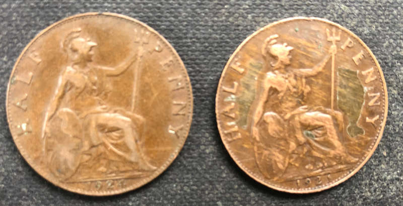 HALF PENNY 1921 AND 1924 BRITAIN COLLECTION OF TWO COINS