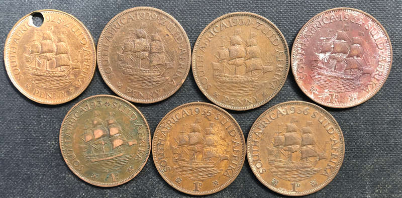 PENNY 1928 1929 1930 1932 1934 1935 1936 UNION OF SOUTH AFRICA COLLECTION OF 7 COINS