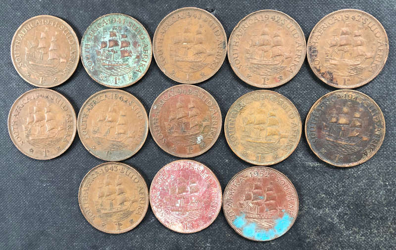 Penny 1941 x 3 1942 x 6 1943 x 2 1945 1952 UNION SOUTH AFRICA COLLECTION OF 13 COINS