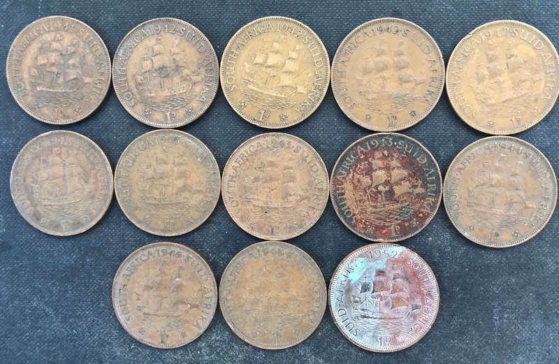 Penny 1941 1942 1943 1944 1945 1952 UNION SOUTH AFRICA COLLECTION OF 13 COINS