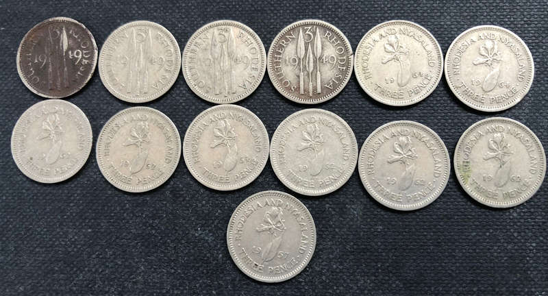 SOUTHERN RHODESIA 3 PENCE, 4 x 1949, RHODESIA & NYASALAND 3 PENCE 5 x 1957, 1 x 1962 AND 3 x 1964
