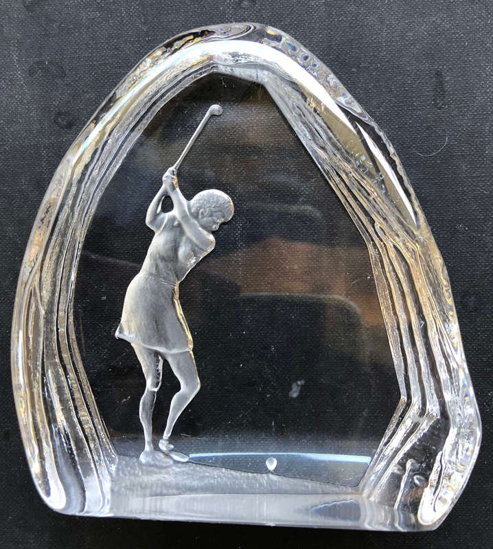 GOLF WOMAN'S GLASS TROPHY LAZAR CUT IMAGE