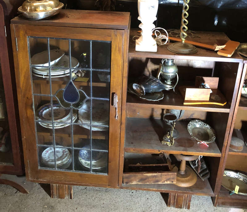 ART DECO LEADED GLASS BURMESE TEAK DISPLAY AND BOOK CABINET WITH COLOURED GLASS DECORATION