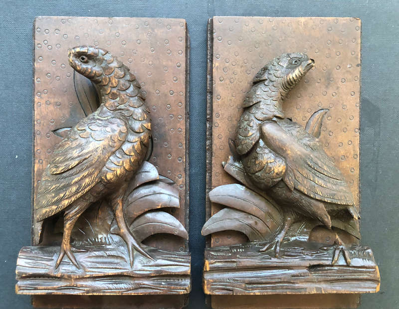 BOOKENDS ANTIQUE HAND CARVED GAME BIRDS