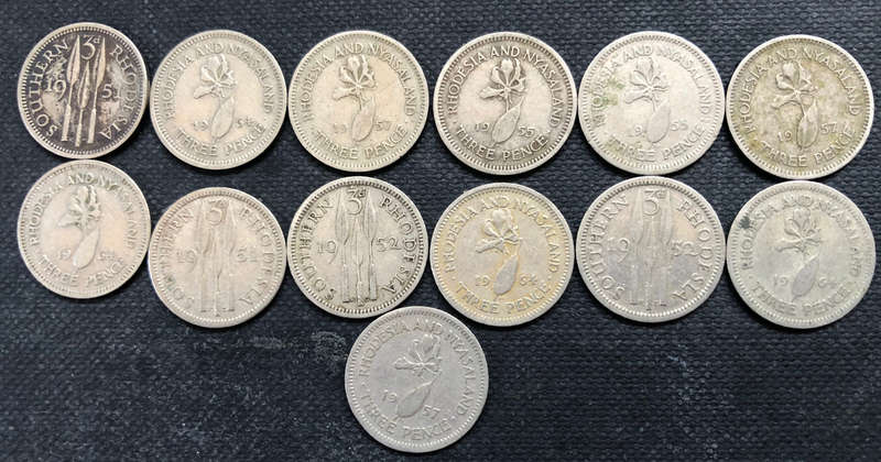 SOUTHERN RHODESIA 3 PENCE, 2 x 1951, 2 x 1952, RHODESIA & NYASALAND 2 x 1955, 3 x 1957 AND 4 x 1964