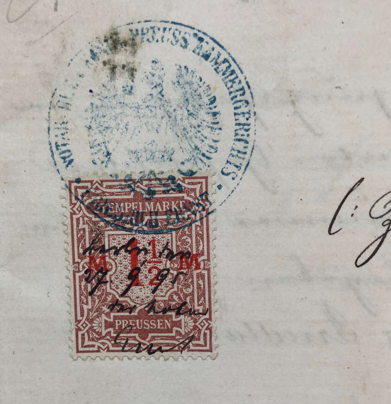 STAMPS 1895 PREUSSEN 1.5M STEMPELMARKE x 2 AND VARIOUS SEALS AND STAMPS ON HANDWRITTEN DOCUMENT