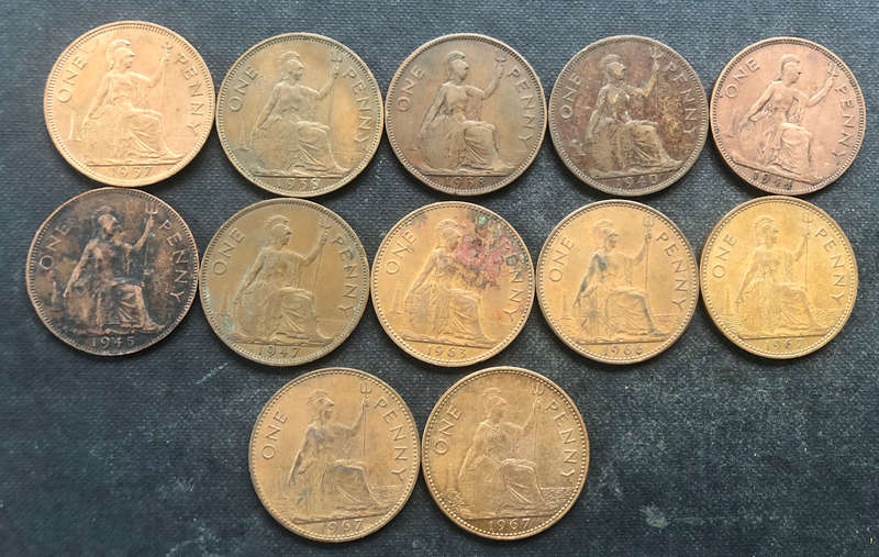 BRITISH PENNY 1937, 1938, 1939, 1940, 1944, 1945, 1947, 1963, 1966 & 1967 x 3 COLLECTION OF 12
