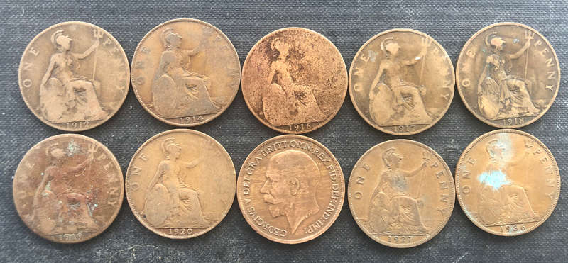PENNY BRITISH 1912, 1914, 1916, 1917, 1918, 1919, 1920 x 2, 1927 & 1936 GEORGE V COLLECTION OF TEN