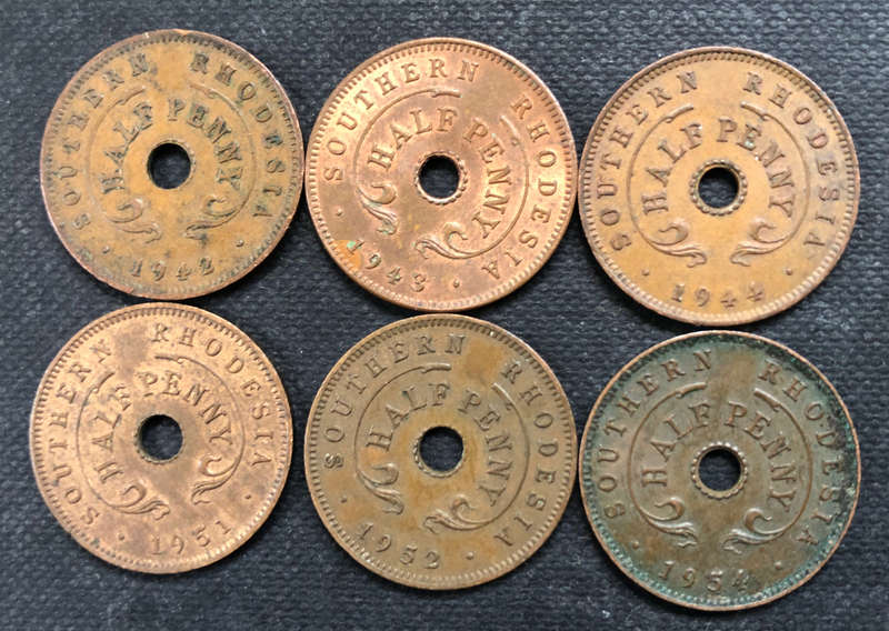 SOUTHERN RHODESIA COLLECTION OF 6 HALF PENNIES DATING 1942-1944, 1951, 1952 AND 1954