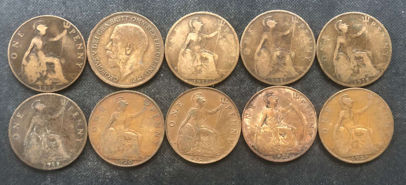 PENNY BRITISH 1912, 1916, 1917 x 2, 1918, 1919, 1920 x 2, & 1921 x 2 GEORGE V COLLECTION OF TEN