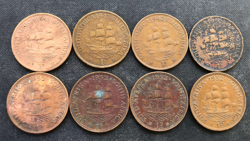 PENNY 1941, 1942 x 2, 1950, 1952 x 4 COLLECTION OF 8 UNION OF SOUTH AFRICA COINS