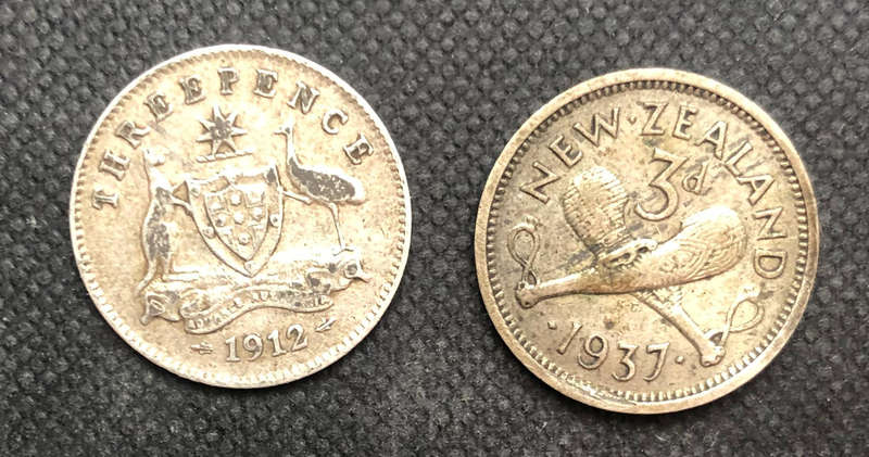 Silver Australia Three Pence 1912 New Zealand Three Pence 1937