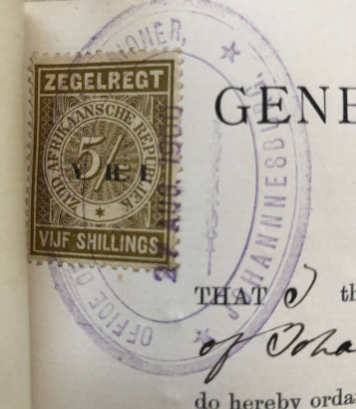 STAMPS 1900 2 x ZAR ZEGELREGT 5/-, 1 x 2/6 ALL VRI OVERPRINTS CAPE OF GOOD HOPE 1 POUND ON DOCUMENT