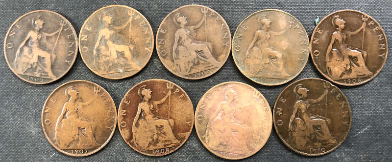 PENNY 1902, 1903, 1904, 1905, 1906, 1907, 1908, 1909 AND 1910 BRITISH EDWARDIAN COLLECTION