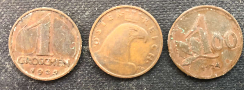 AUSTRIA 1924 1925 1 Groschen and 1 Kronen Collection of 3 Coins
