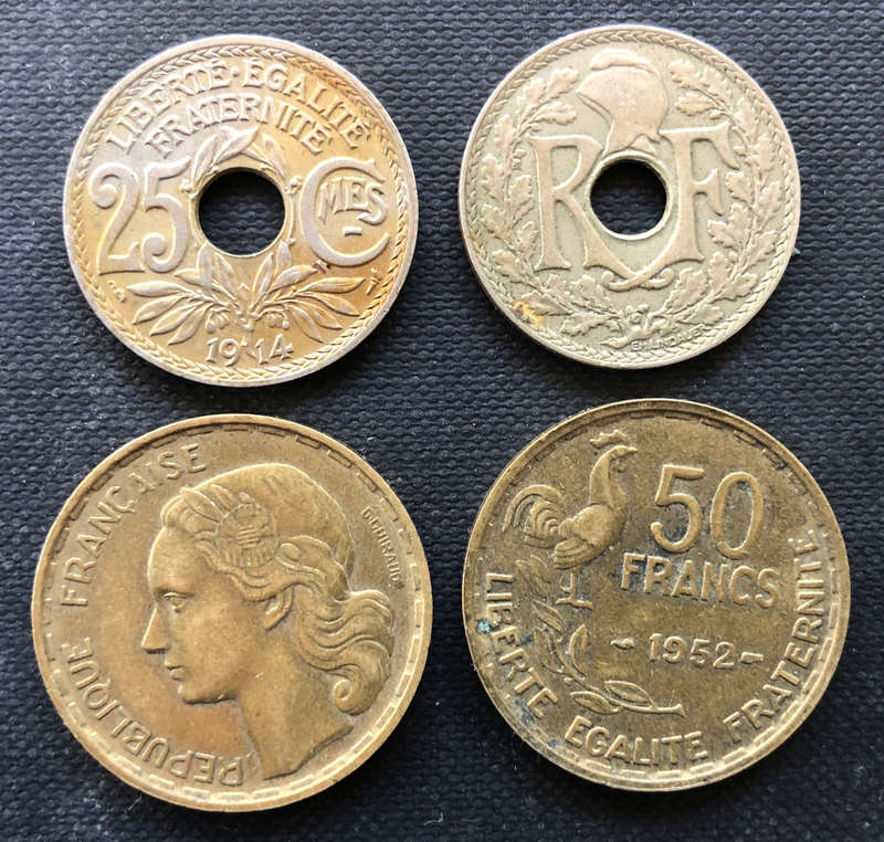FRANCE 1914 1931 1952 25 Centimes & 50 Francs Collection of 4 Coins