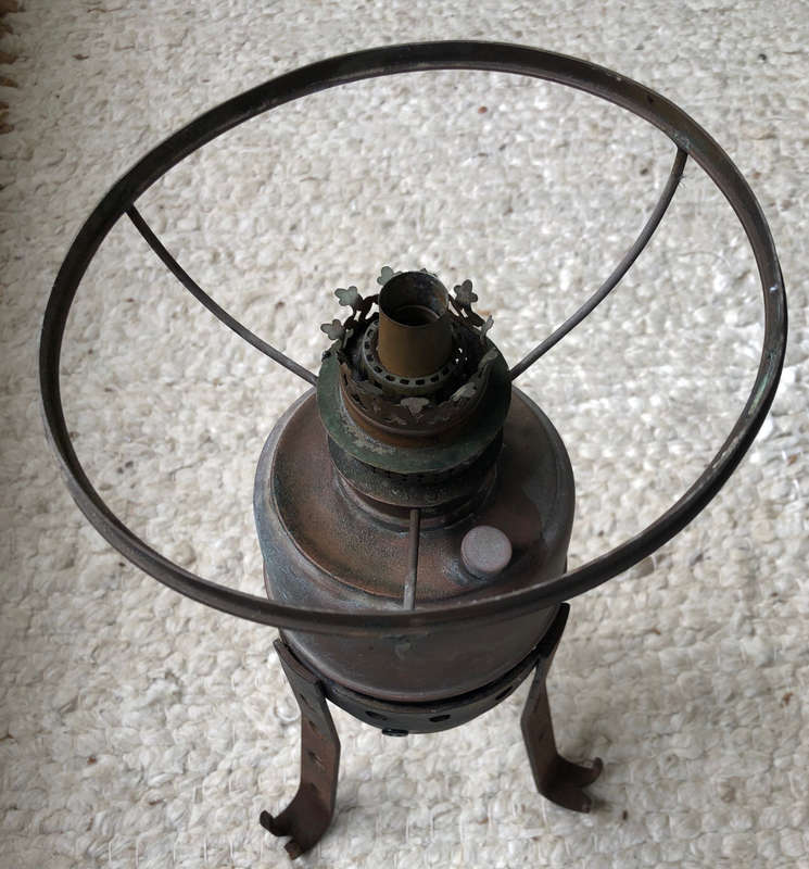 LAMP OIL COPPER CIRCA 1900 ON IRON BASE INCOMPLETE
