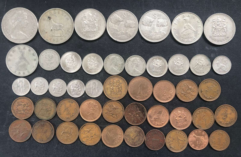 RHODESIA 1964 25 CENTS x 2, RHODESIA 20 CENTS 1975x1, 1977x1, ZIMBABWE 1980 $1 x 4 & 39 OTHER COINS