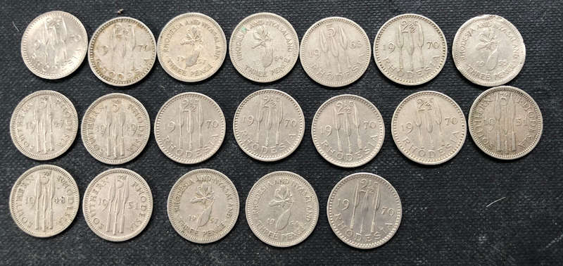 SOUTHERN RHODESIA 3 PENCE 1947,48,49, 51 x 2, RHODESIA 3 PENCE 68, 70 x 8, RHODESIA & NYASALAND x 5