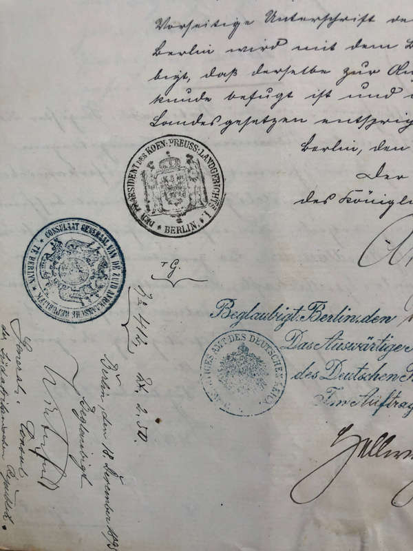STAMPS 1895 PREUSSEN 1.5M STEMPELMARKE x 2 AND VARIOUS SEALS AND STAMPS ON HANDWRITTEN DOCUMENT