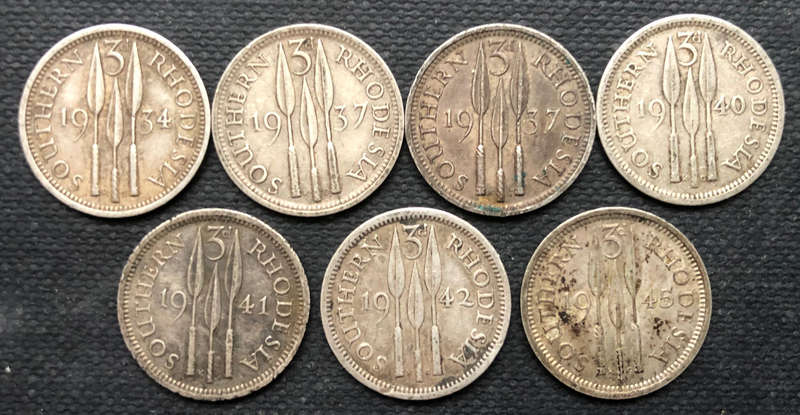 Silver Threepence Southern Rhodesia 1934 1937 1940 1941 1942 1945 Collection of 7 Coins