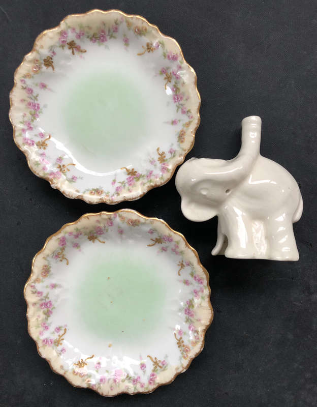 LIMOGES PLATES PAIR AND ELEPHANT NUTBROWN PIE FUNNEL COLLECTION