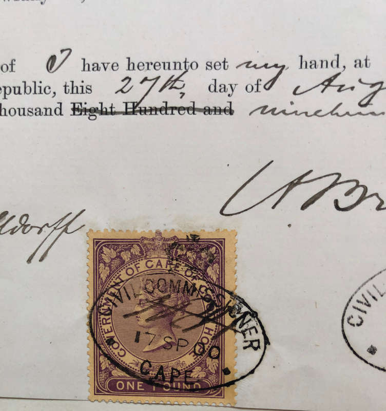 STAMPS 1900 2 x ZAR ZEGELREGT 5/-, 1 x 2/6 ALL VRI OVERPRINTS CAPE OF GOOD HOPE 1 POUND ON DOCUMENT