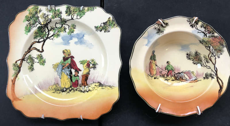 ROYAL DOULTON THE GIPSIES OLD ENGLISH SCENES PUDDING BOWL AND SQUARE PLATE SERIESWARE