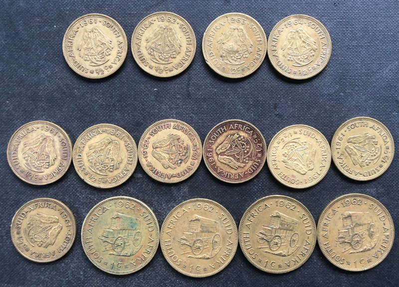 RSA HALF AND ONE CENT 15 COINS 1961, 1962, 1963 AND 1964