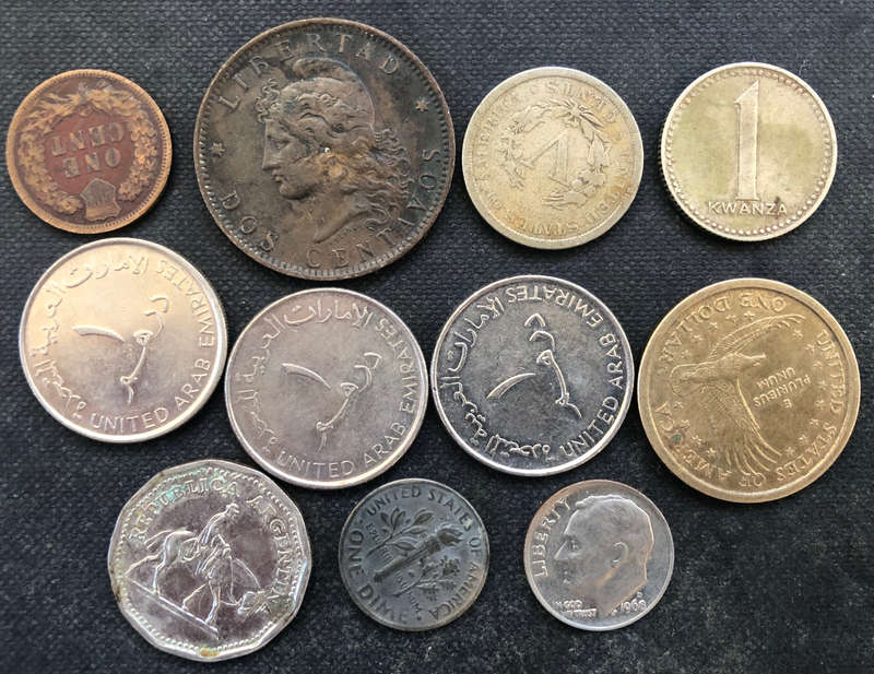 1890 America Indian Head Cent 1890 Argentina Dos Centavos 1906 US Liberty Nickel and 8 other Coins