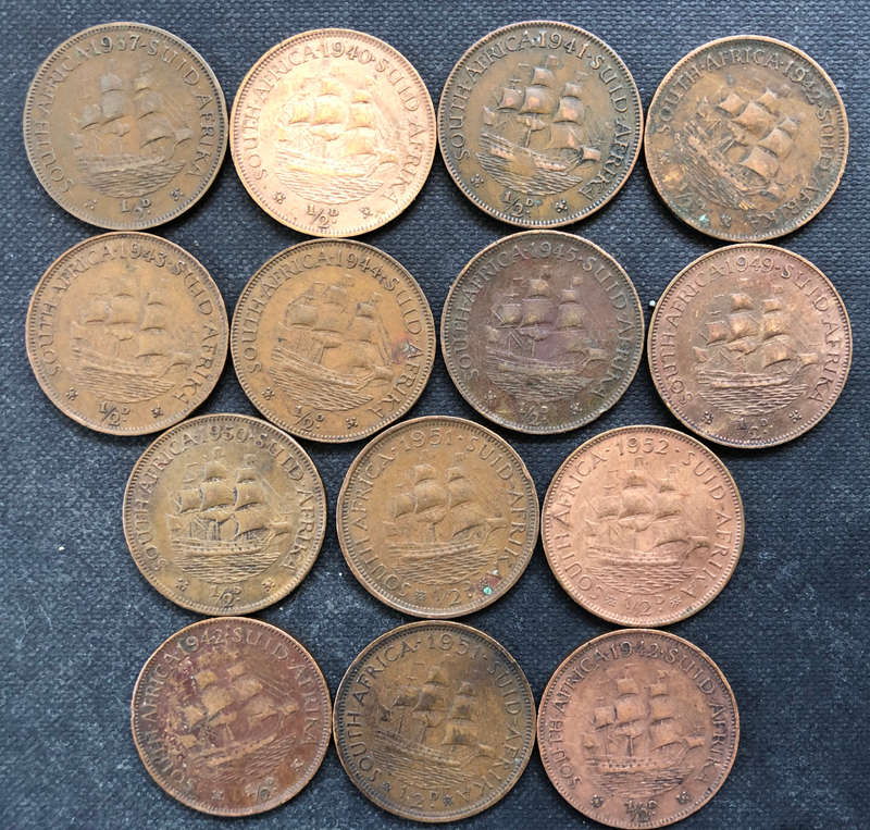 HALF PENNY 1937, 1940-1945, 1949, 1950-1952, 1951 & 2 x 1942 UNION OF SOUTH AFRICA COLLECTION OF 14
