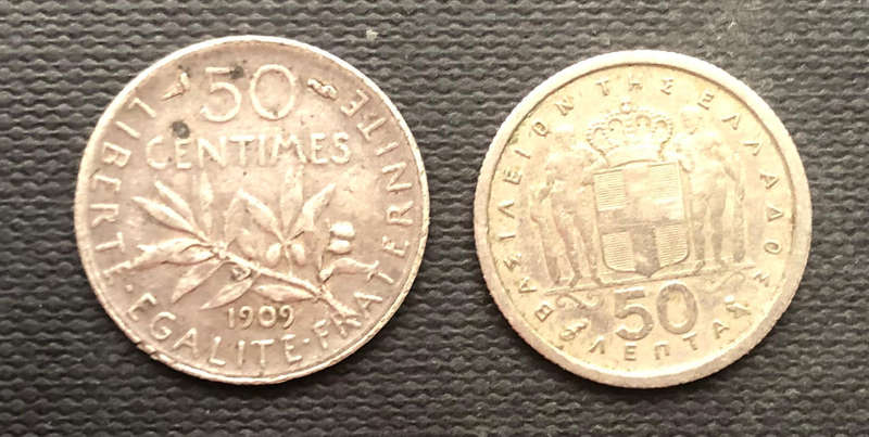 Silver 50 Centimes France 1909 and Greece 50 Lenta 1962