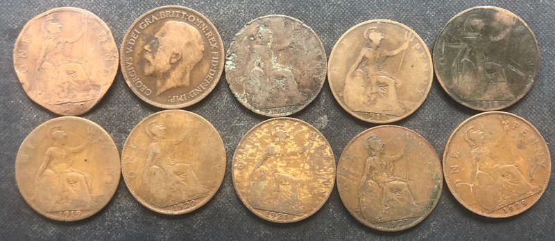 PENNY BRITISH 1913, 1916 x 2, 1917, 1918, 1919, 1920, & 1921 x 2 & 1929 GEORGE V COLLECTION OF TEN