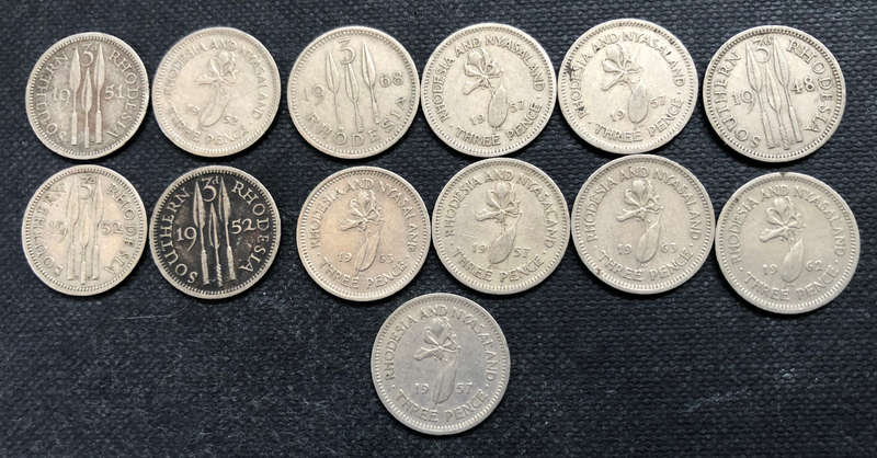 SOUTHERN RHODESIA 3 PENCE, 1 x 1947, 1 x 1951, 2 x 1952, RHODESIA 1 x 1968, RHODESIA & NYASALAND x 8
