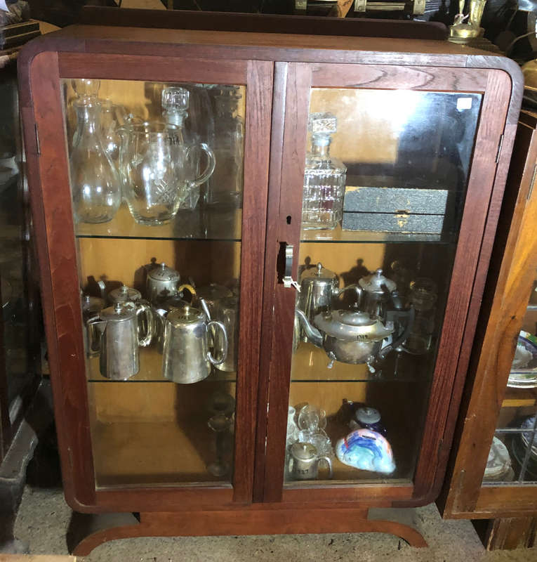 DISPLAY OR BOOK CABINET ART DECO BURMESE TEAK TWO GLASS SHELVES
