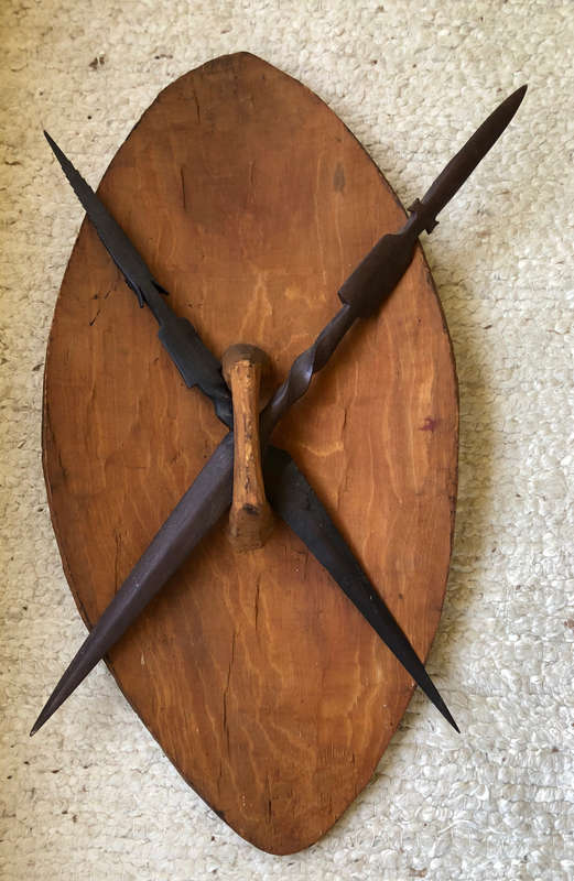 AFRICAN LARGE VINTAGE HAND CARVED WOOD SHIELD WITH TYPICAL ZULU CROSSED WOOD SPEARS