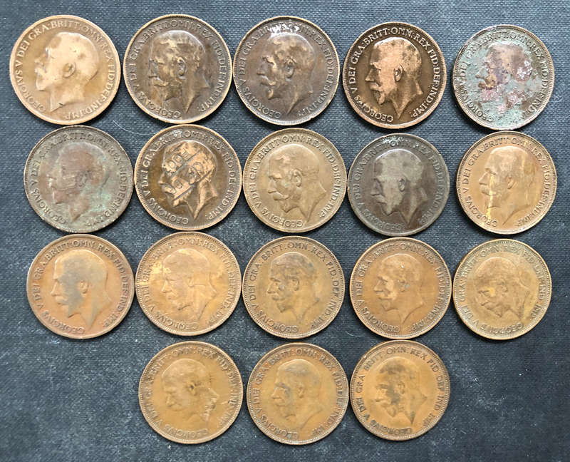 PENNY 1911 TO 1921, 1928 TO 1931 AND 1934 TO 1936 BRITISH GEORGE V COLLECTION OF 18 1917 GRADED