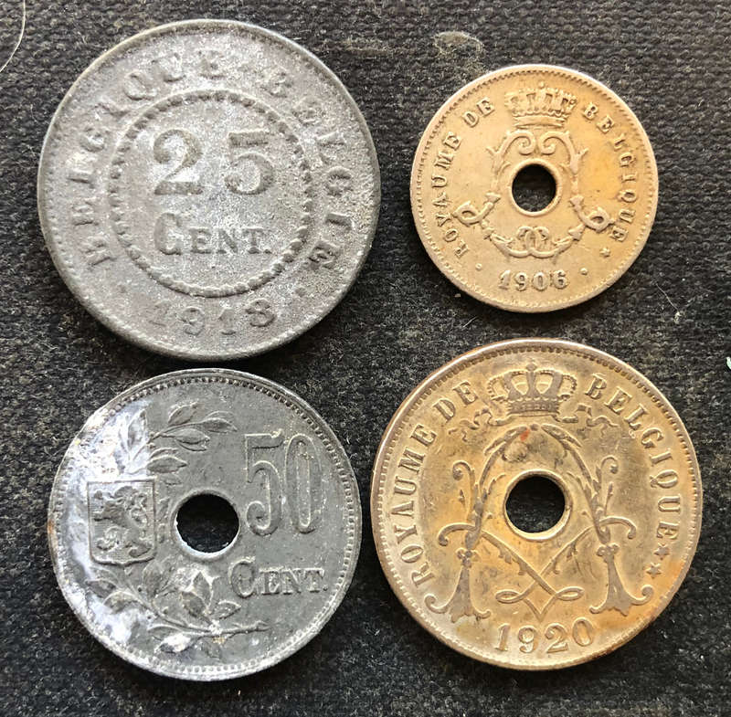 BELGIUM 1918 25c 1906 5c (RARE NO CROSS ON CROWN) 1918 50c 1920 25c COLLECTION OF 4