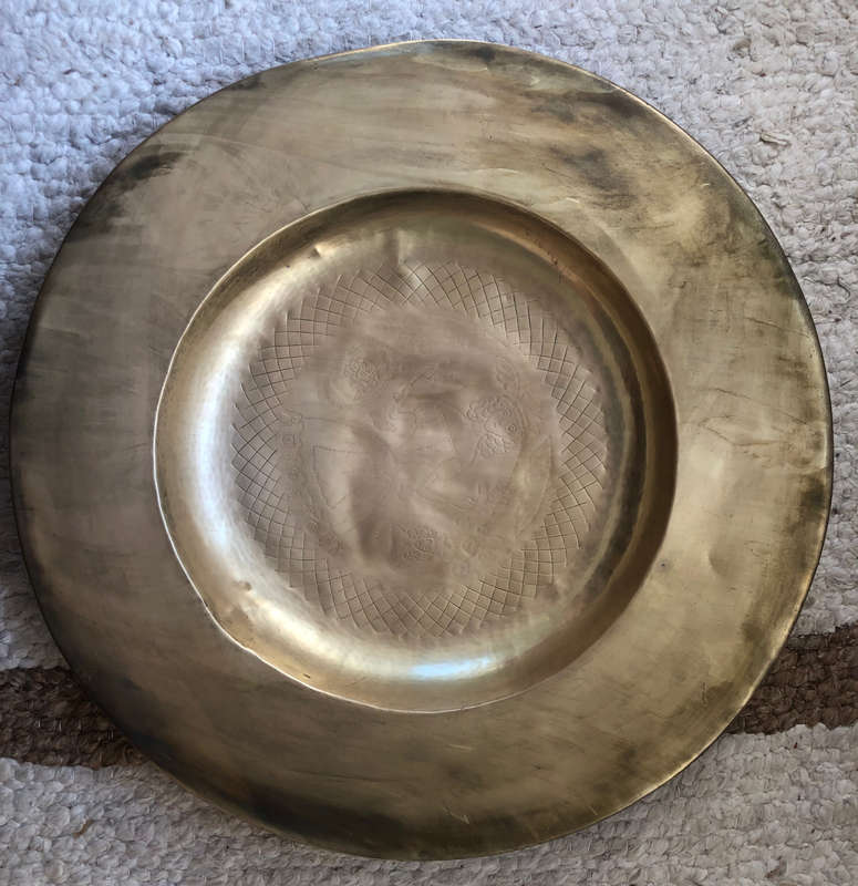 BRASS LARGE HEAVY CHURCH ALMS DISH WITH TYPICAL ROLLED RIM ANTIQUE HAND ENGRAVED RALPH TOFT
