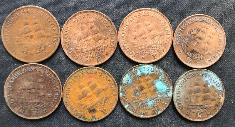 PENNY 1941, 1942 x 2, 1943 x 4, 1945, COLLECTION OF 8 UNION OF SOUTH AFRICA COINS