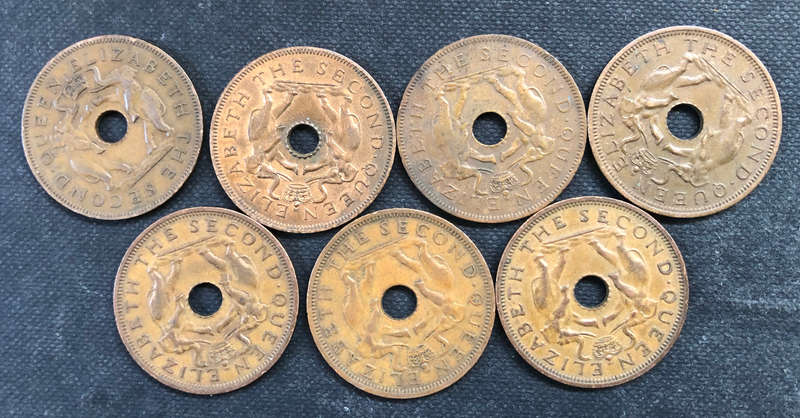 RHODESIA AND NYASALAND ONE PENNY COLLECTION OF 7 DATING FROM 1955 -1958 AND 1961-1963