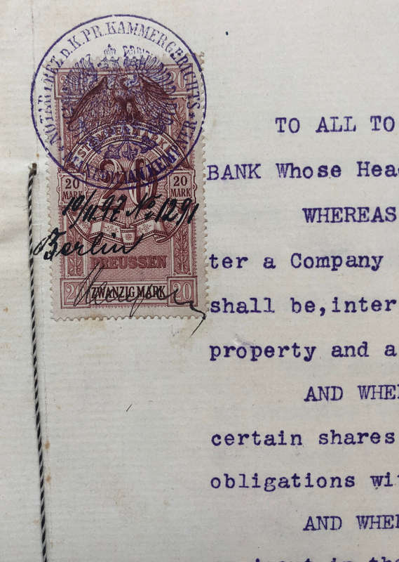 STAMPS 1897 TWO PREUSSEN 1.5 M REVENUE & ONE ZWANZIG MARK & VARIOUS SEALS ON DEUTSCHE BANK DOCUEMENT