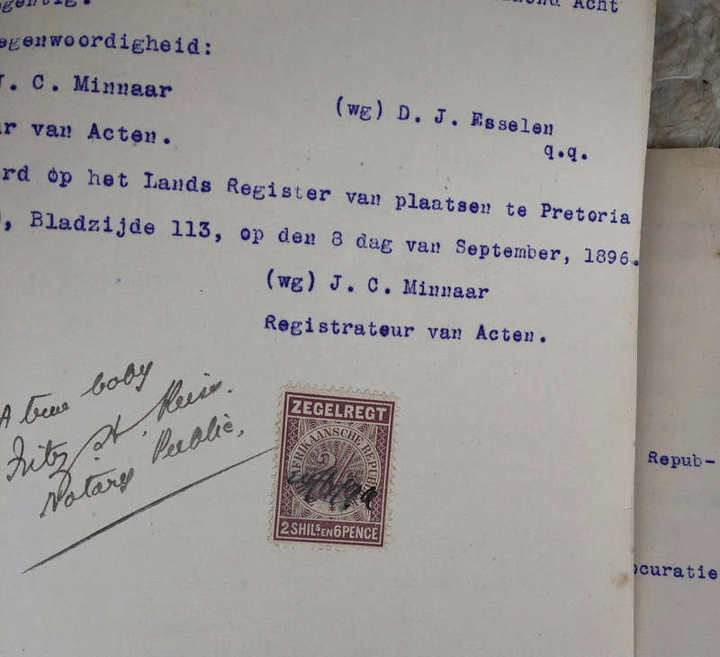 STAMP ZUID AFRIKAANSCHE REPUBLIEK ZEGELREGT 1896 TWO SHILLINGS AND SIXPENCE ON DUTCH DOCUMENT