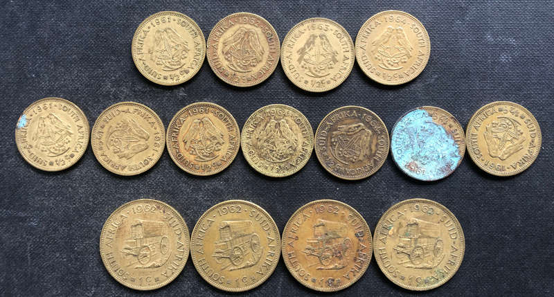 RSA HALF AND ONE CENT 15 COINS 1961, 1962, 1963 AND 1964