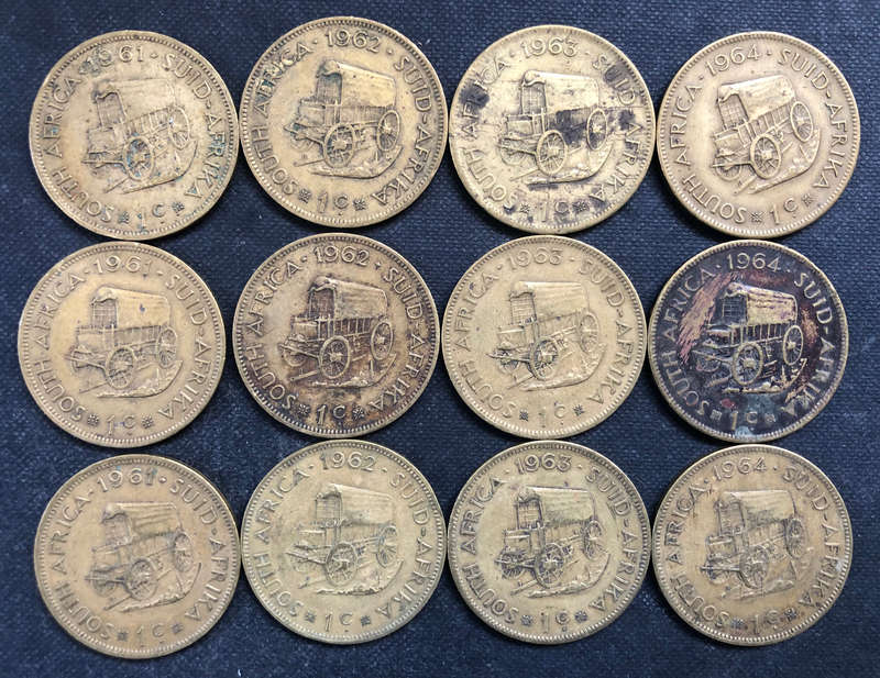 ONE CENTS SOUTH AFRICAN COLLECTION 12 COINS  COMPRISING 1961 x 3, 1962 x 3, 1963 x 3 AND 1964 x 3
