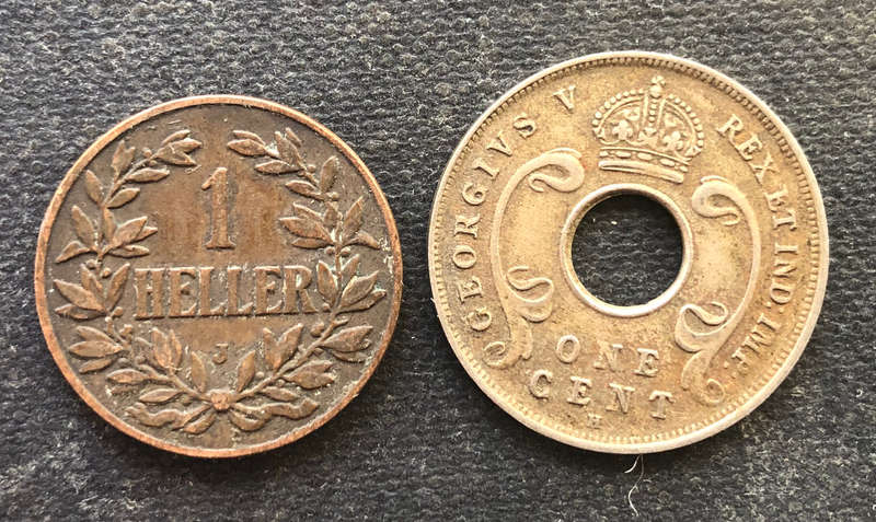 GERMAN EAST AFRICA 1908 1912 EAST AFRICA & UGANDA PROTECTORATES 1 HELLER & 1 CENT