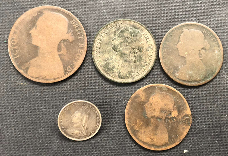 Three Pence Silver UK 1889 Half Penny 1877 1890 1892 and Date Rubbed Penny Collection of 5 Coins