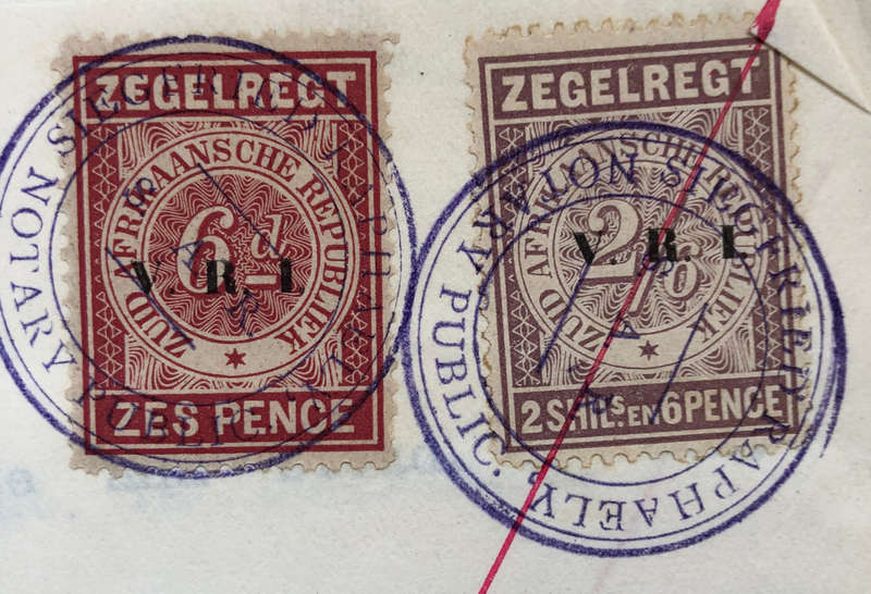 STAMPS FIVE 1900 ZUID AFRIKAANSCHE REPUBLIEK ZEGELREGT WITH VRI OVERPRINT ON GOLD MINING DOCUMENT