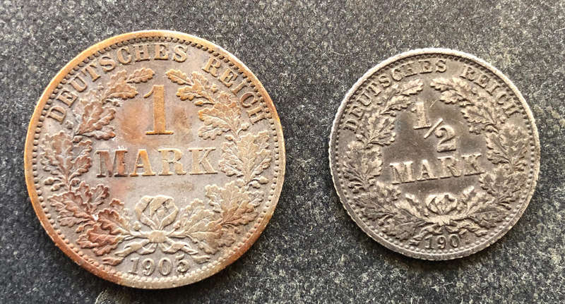 GERMANY 1905 1907 Silver 1/2 Mark & 1 Mark Collection of 2 Coins