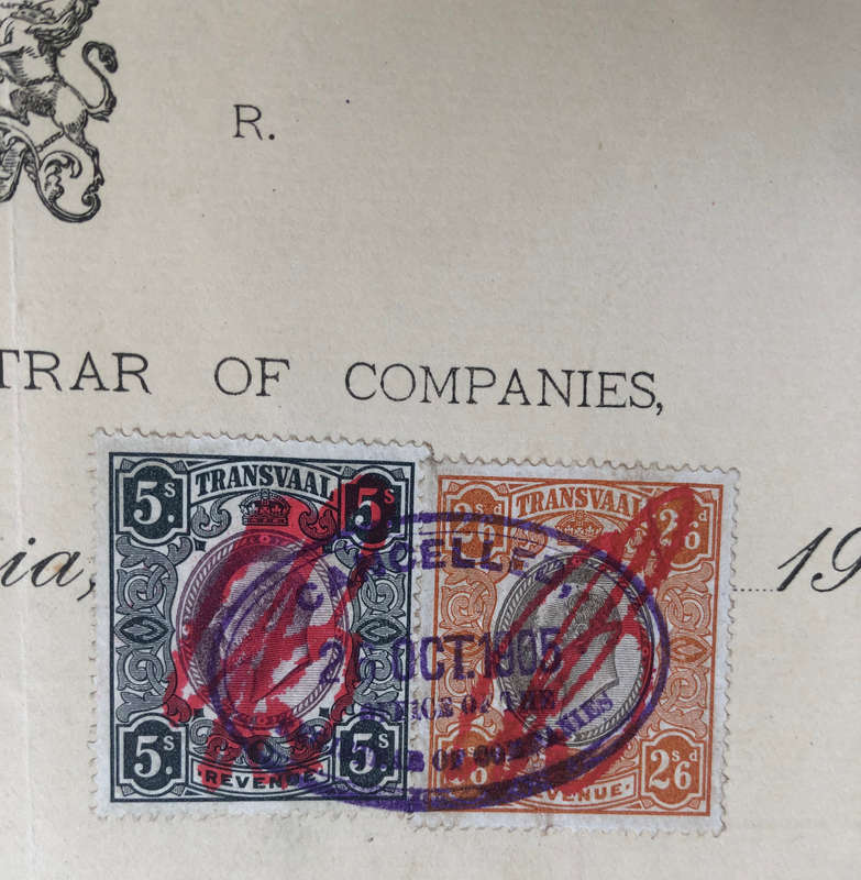 STAMPS TRANSVAAL 1905 REVENUE FIVE SHILLINGS & TWO SHILLINGS AND SIXPENCE ON DOCUMENT